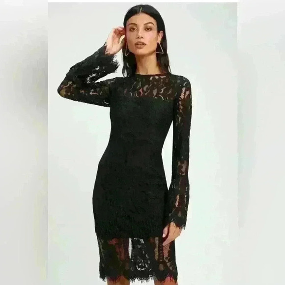 Lulus Dresses & Skirts - NWT Enrapturing Elegance Black Lace Long Sleeve Midi Dress Size Small